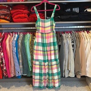 Loft green/pink/white plaid smocked back 2 pocket lined midi dress size XS